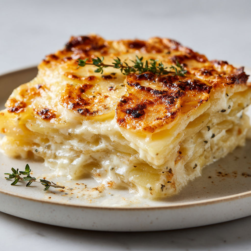Une belle part de gratin dauphinois posée sur une assiette.