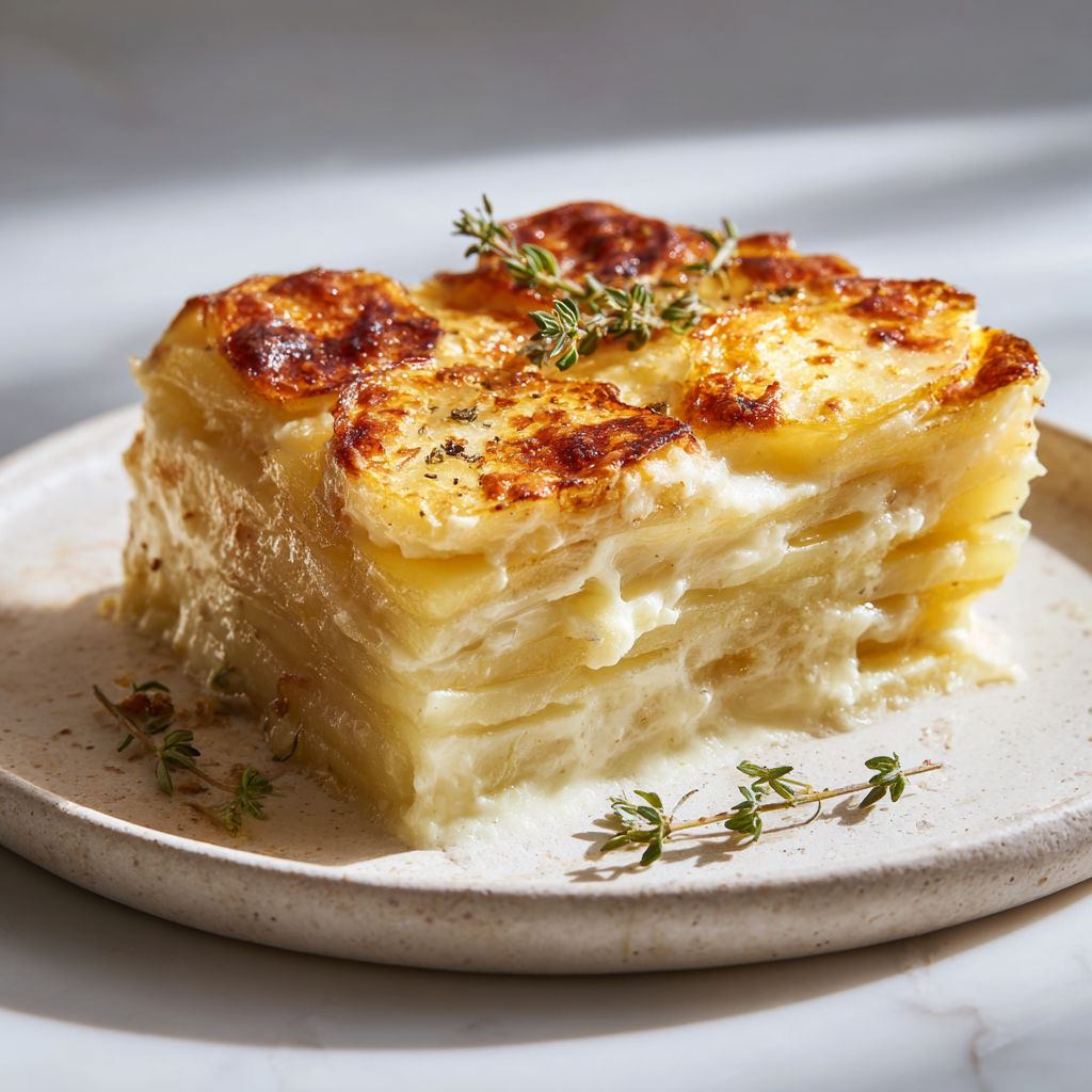 Un gratin dauphinois doré à cœur, garni d’herbes fraîches.