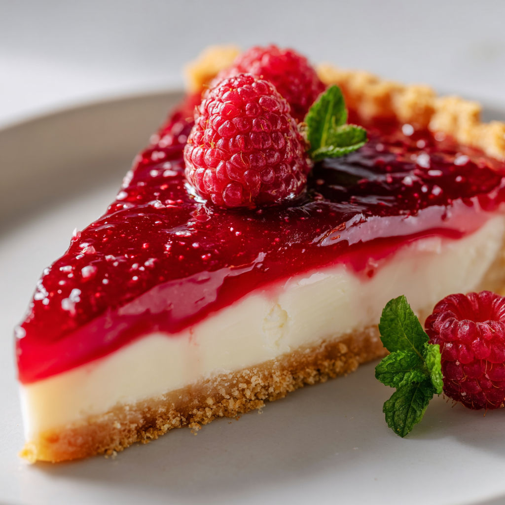 Une jolie tarte au mascarpone et framboises repose sur un joli plateau.