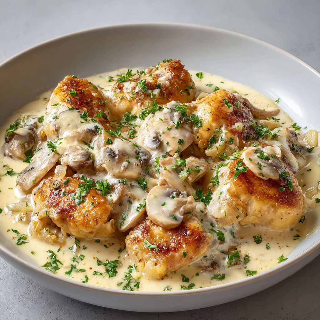 Poulet à la crème avec herbes fraîches et champignons, présenté sur une table conviviale.