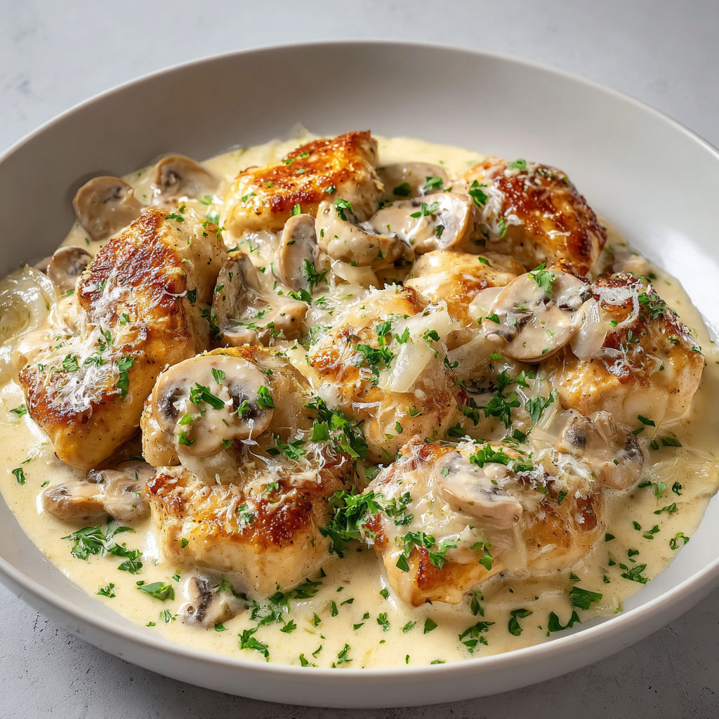 Assiette conviviale de poulet à la crème et champignons accompagnée d’herbes servie à table.