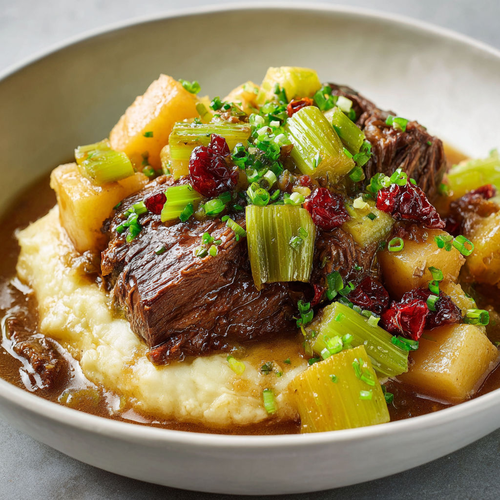 Une belle assiette de boeuf braisé aux deux céleris, servie avec légumes verts et pommes de terre fondantes.