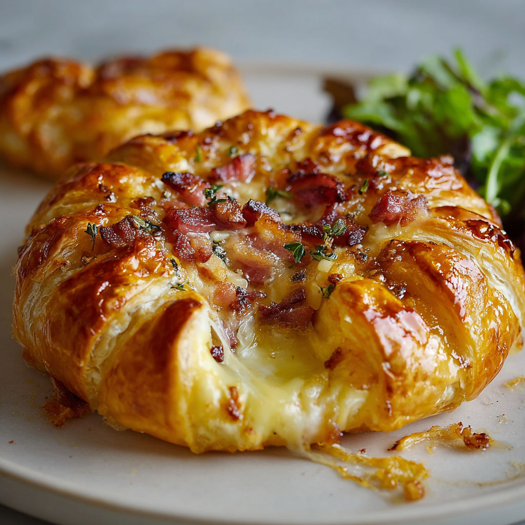 Une tarte gourmande aux lardons et camembert sur un plateau, avec un peu de salade verte pour accompagner.