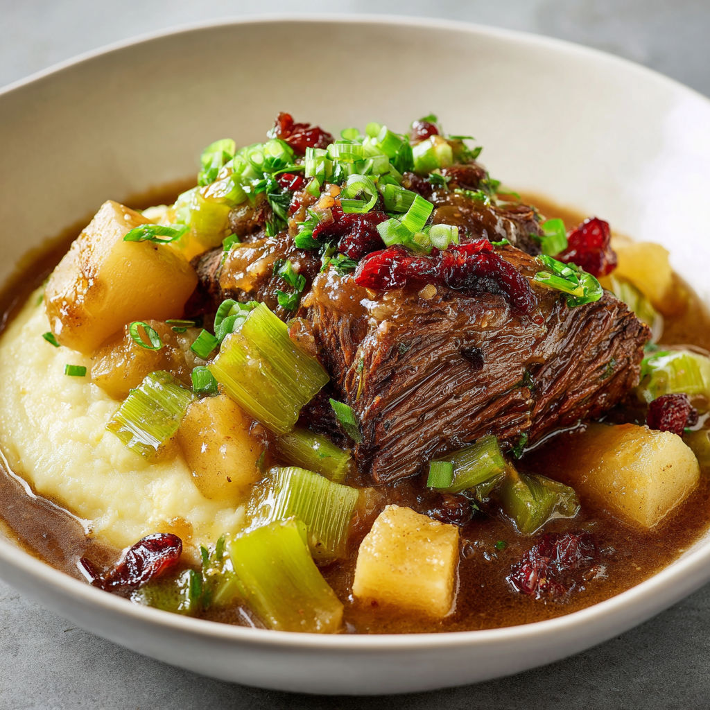 Boeuf mijoté fondant et ses légumes verts autour de pommes de terre écrasées.
