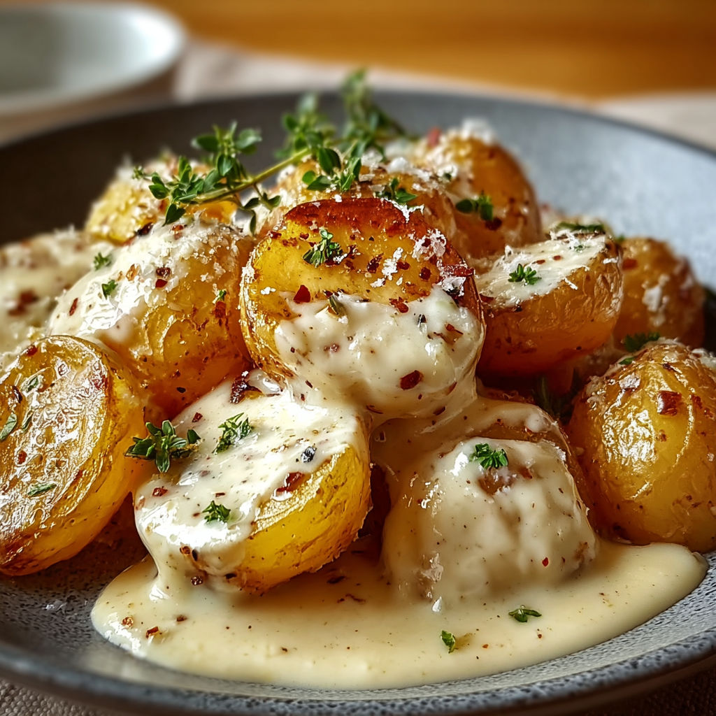 Petites pommes de terre grenaille nappées de sauce à l’ail crémeuse dans une assiette.