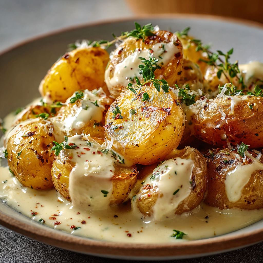 Une belle assiette de petites pommes de terre bien garnies sous une couche de fromage râpé et d’herbes fraîches, nappées d’une sauce crémeuse.
