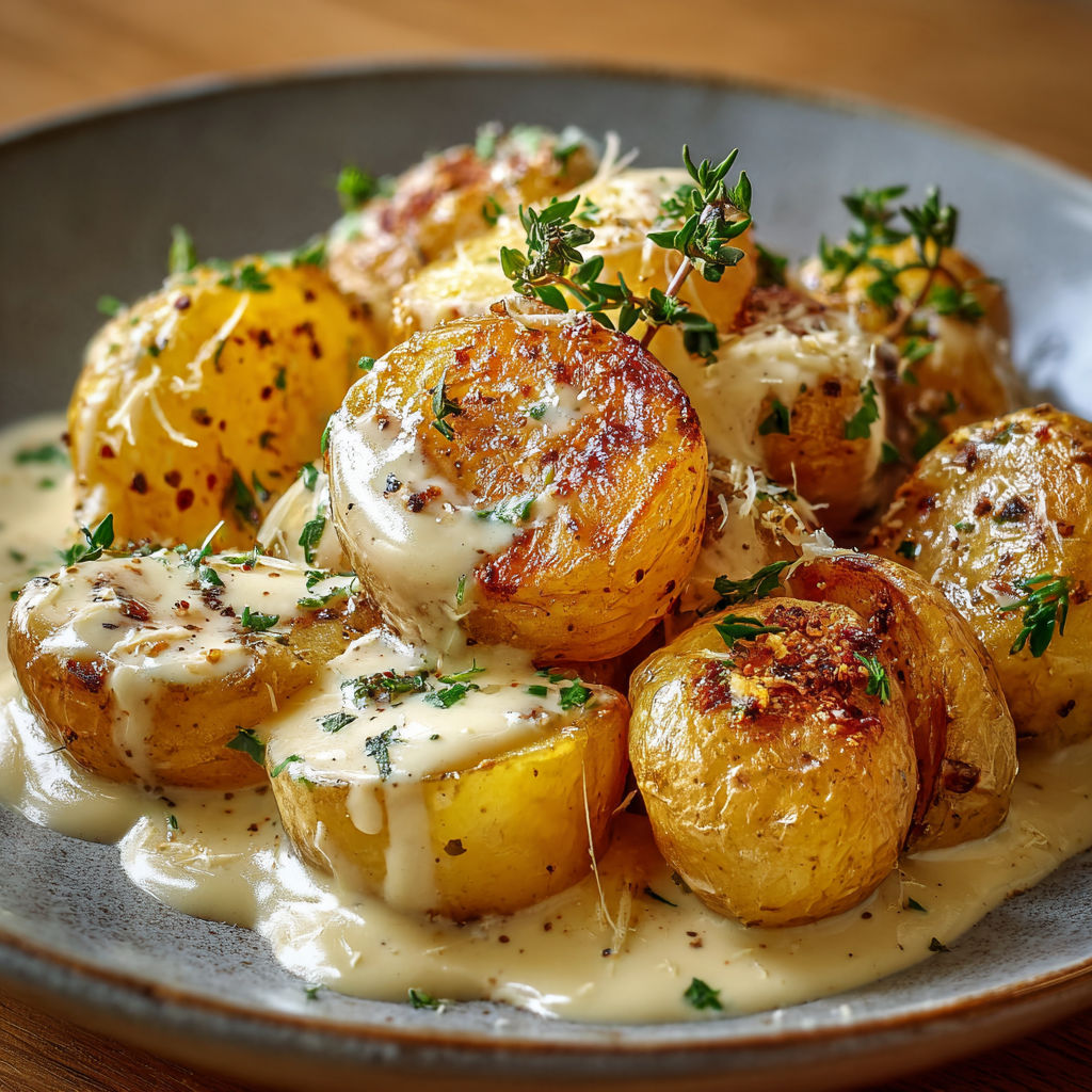 Des patates farcies dorées posées dans une belle sauce crémeuse au beurre et herbes fraîches.