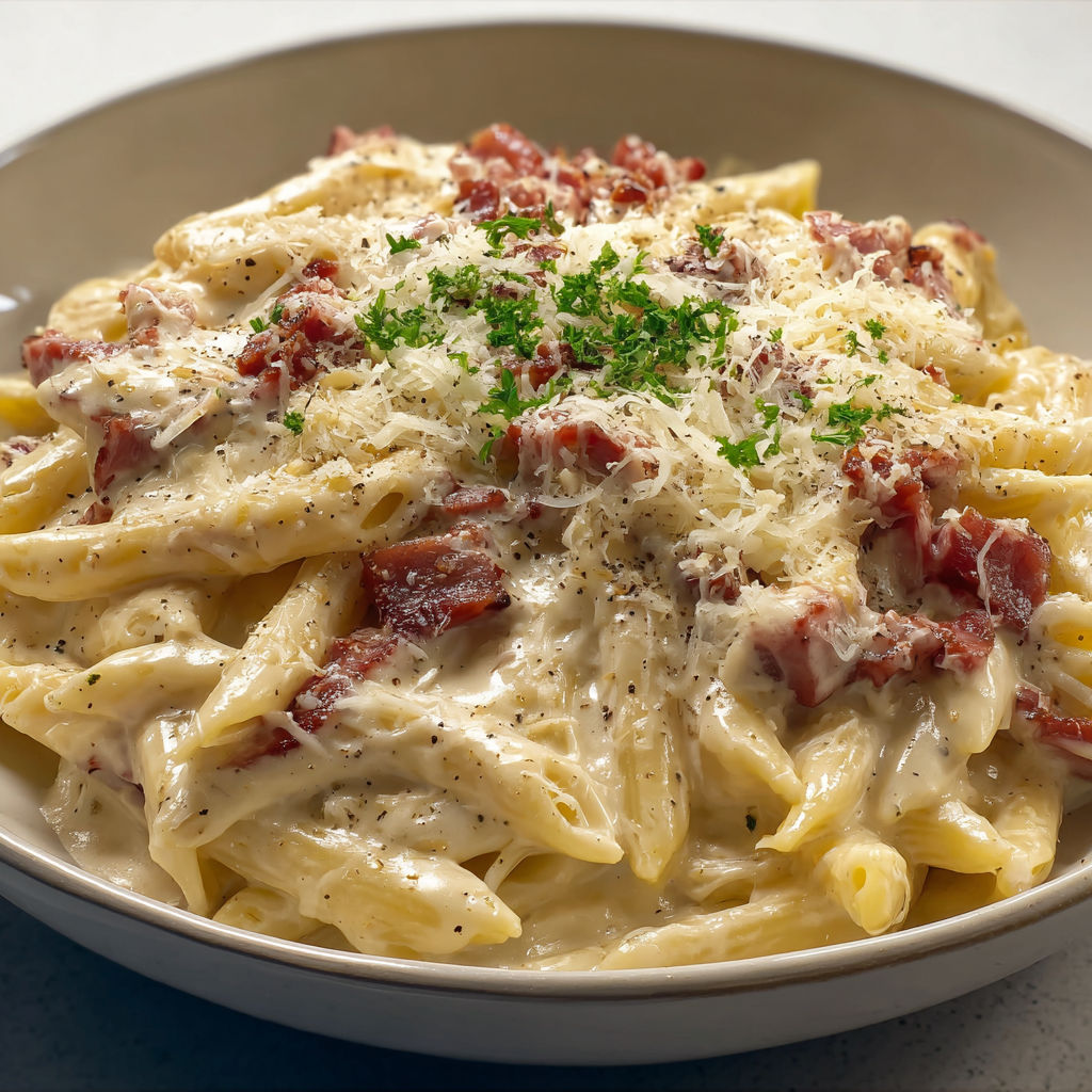 Pâtes enveloppées de crème et lardons fumés, surmontées de fines herbes fraîches.