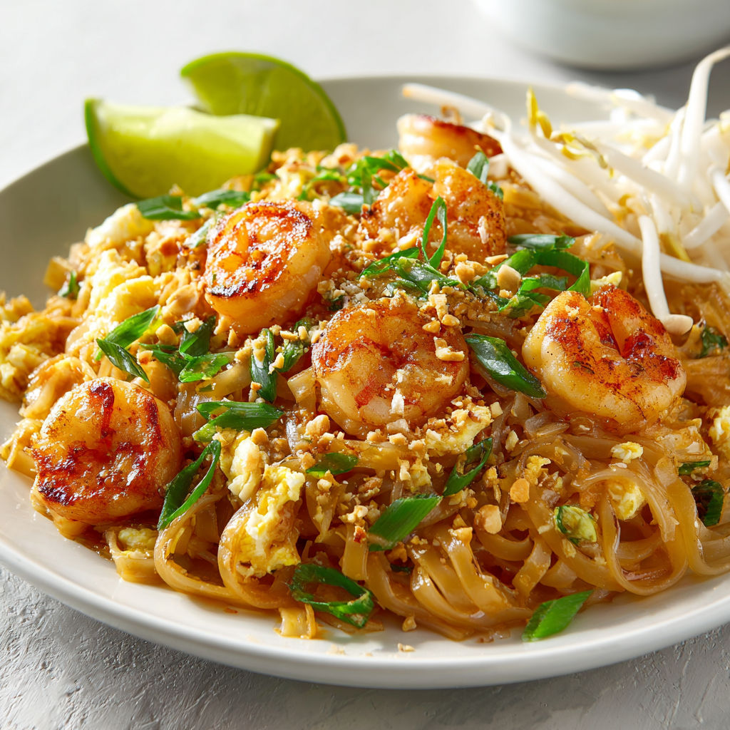 Un Pad thaï aux crevettes avec des légumes verts et noix de coco, posé sur une table.