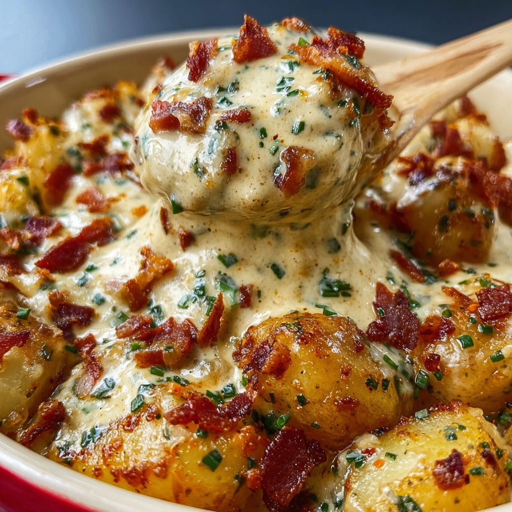 Un plat de pommes de terre et bacon nappés de sauce au pesto.