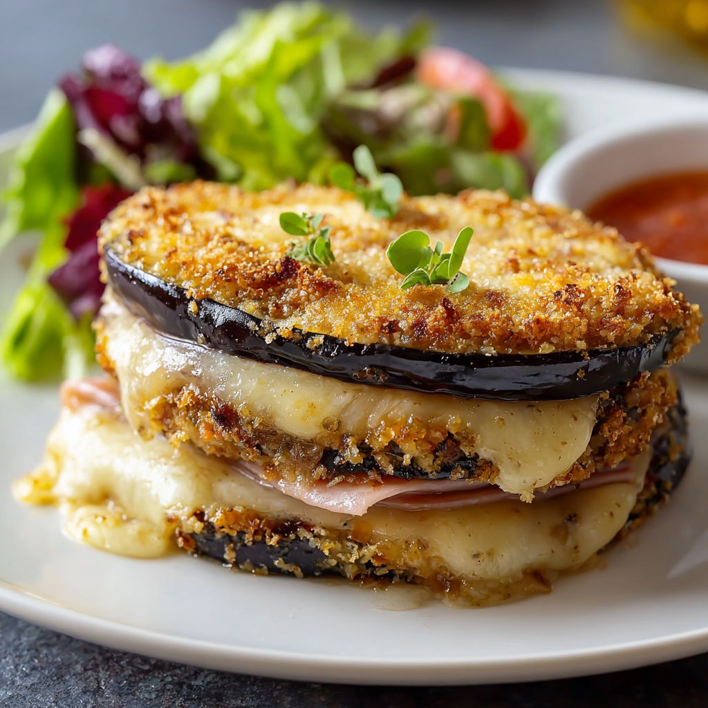 Un cordon bleu d'aubergine doré posé sur un plateau à côté d’une salade verte.