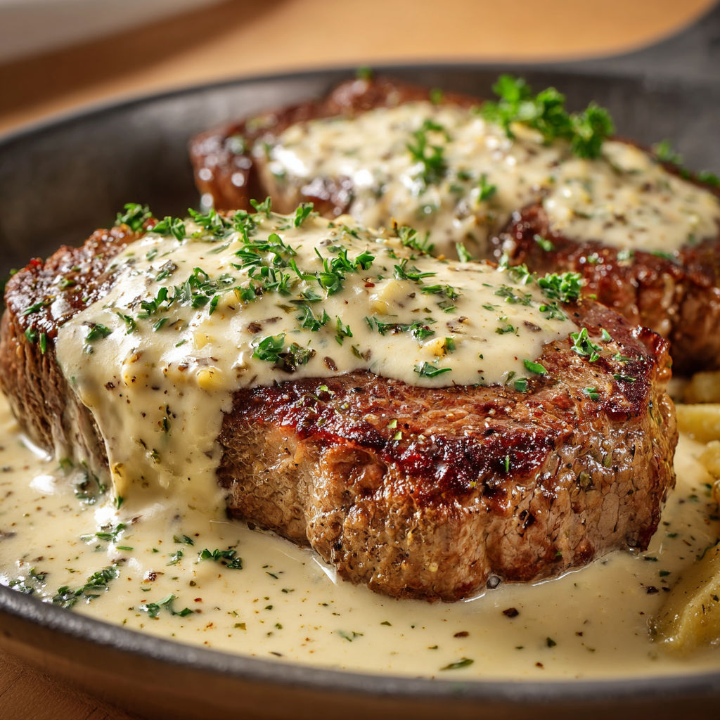 Steak au poivre avec pesto et herbes fraîches.