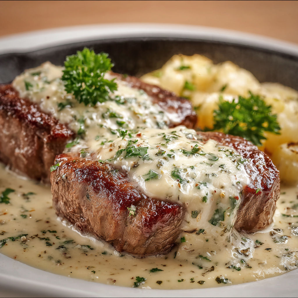 Steak au poivre avec pommes de terre rôties et herbes fraîches.