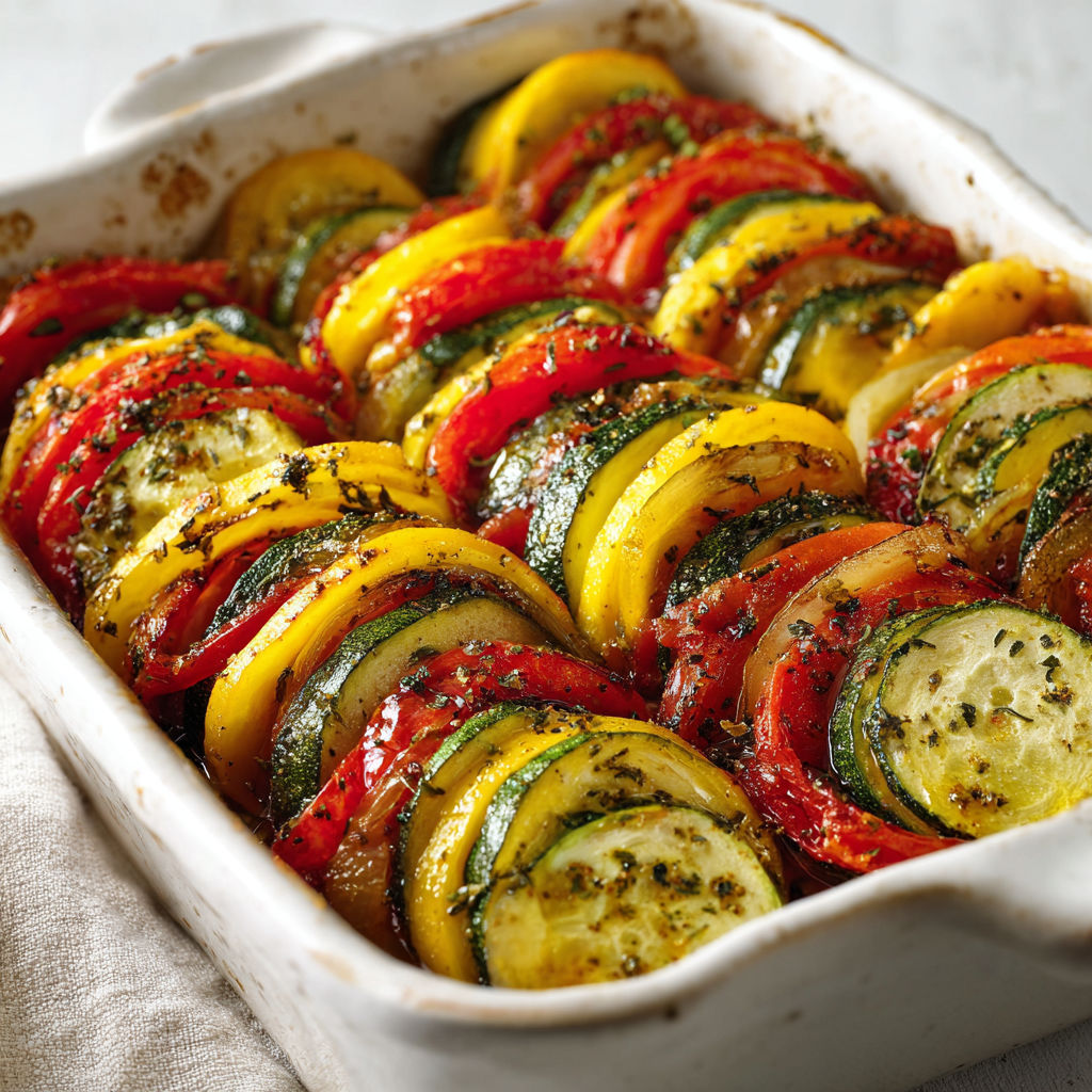Un plat en céramique déborde de légumes colorés, on y voit des tomates, courgettes et aubergines, tout juste cuits au four.