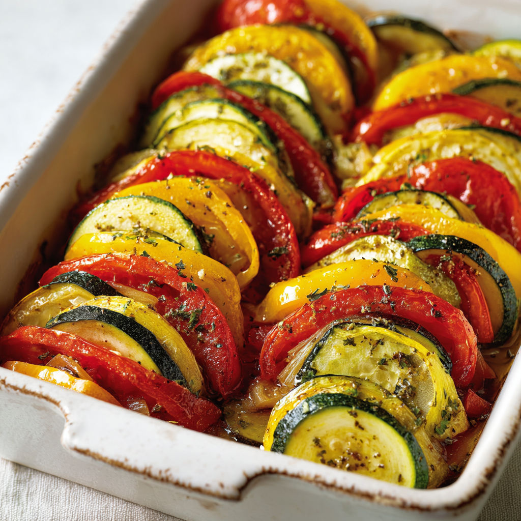 Une jolie tarte colorée garnie de courgettes, tomates et herbes trône dans un plat en céramique.