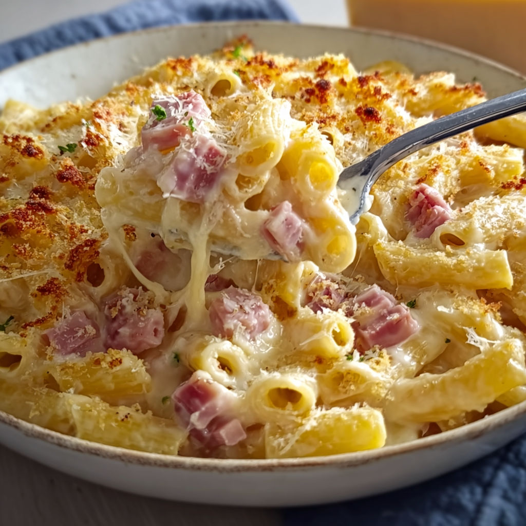 Plat de pâtes gratinées au fromage et légumes.