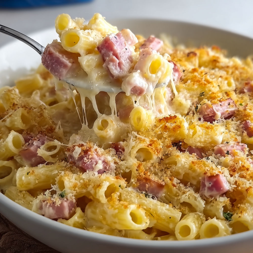 Plat de pâtes au jambon bien nappé de sauce fromage, prêt à être servi à la cuillère.