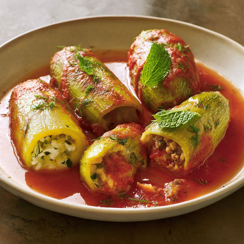 Des courgettes farcies baignées dans la sauce tomate.