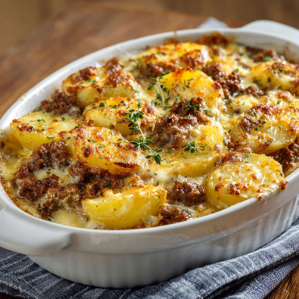 Un gratin doré, pommes de terre et champignons fondants sous une belle croûte.