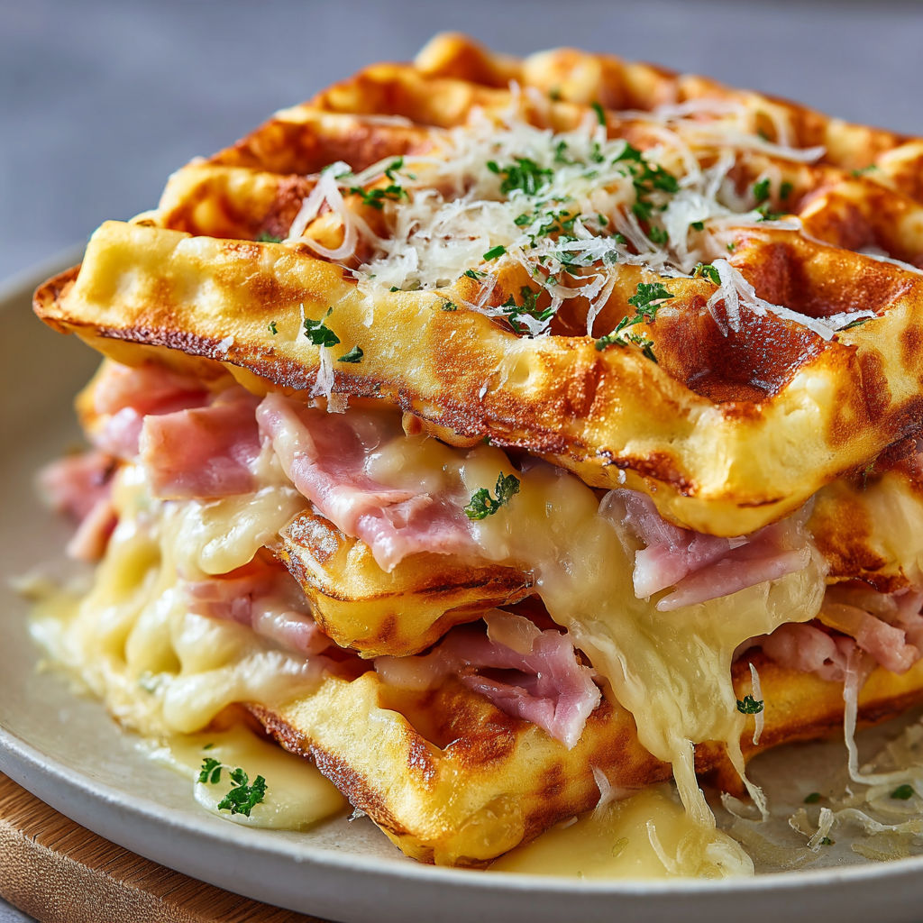 Une belle pile de gaufres au fromage et herbes, accompagnées de jambon et fromage.