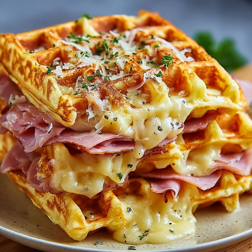 Gaufres épaisse bien dorées, garnies de porc et d’herbes toutes fraîches.