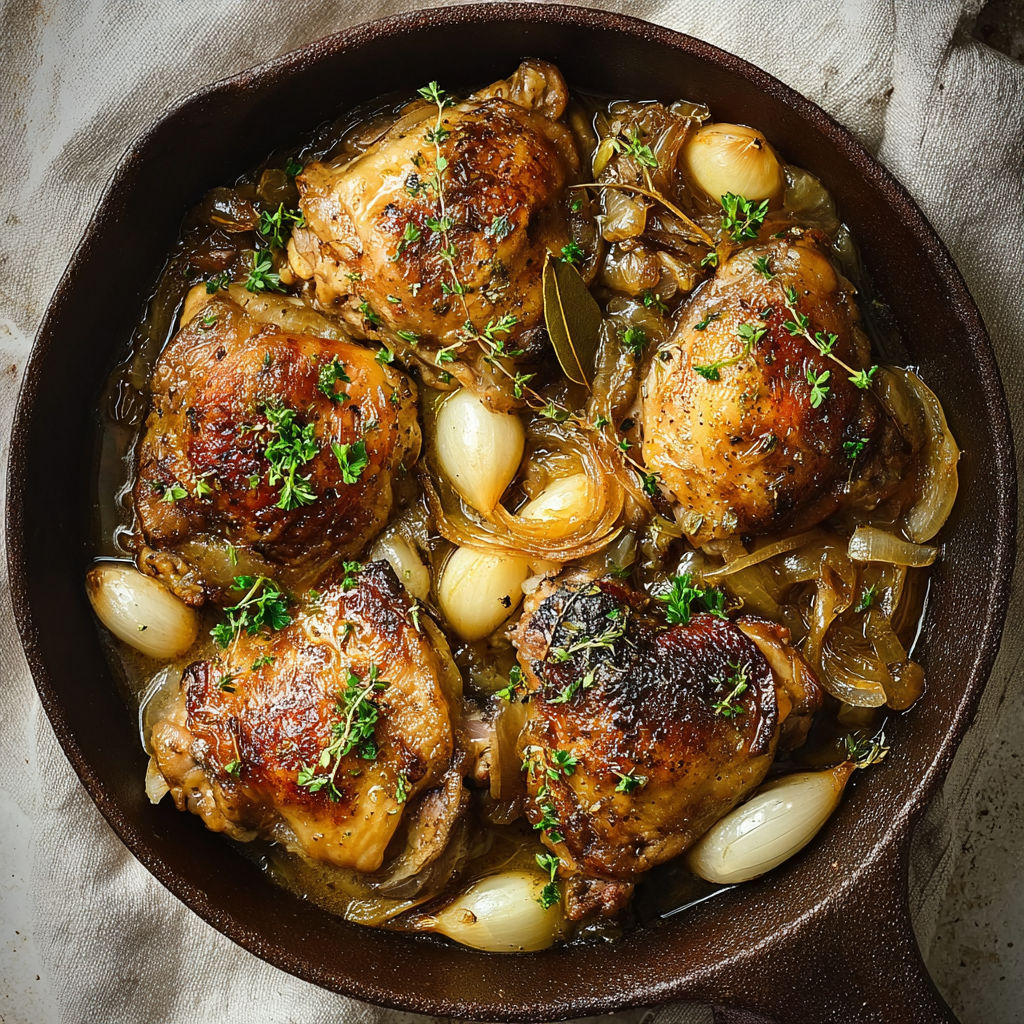 Des cuisses de poulet rôties entourées d’oignons, avec de l’ail entier, le tout dans une cocotte en fonte.