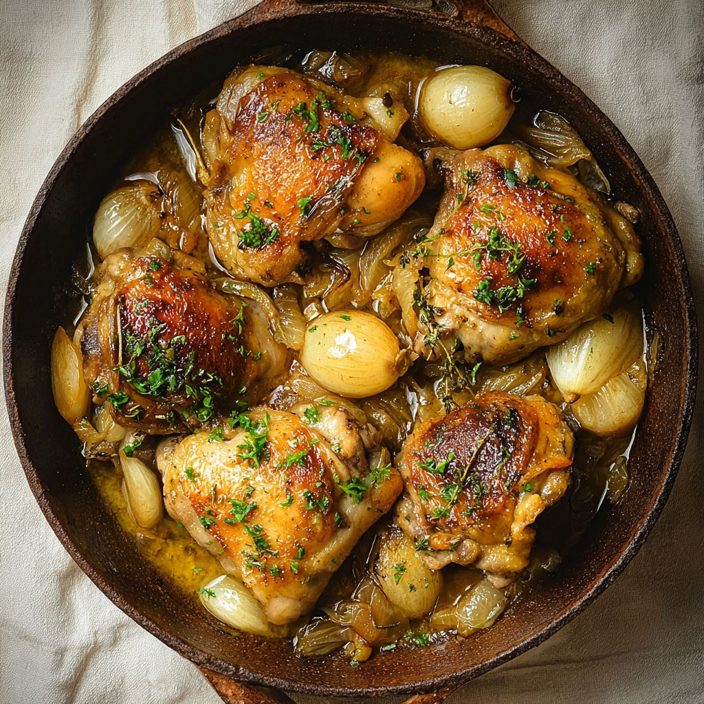 Cuisses de poulet dorées, oignons fondus, sauce gourmande dans un grand plat en terre.