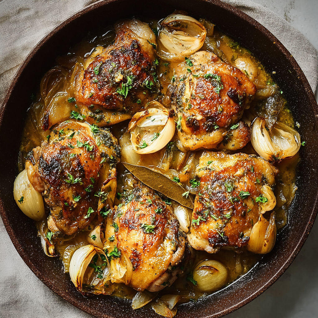 Poulet braisé tout doré avec oignons confits, nappés de sauce dans une jolie casserole.