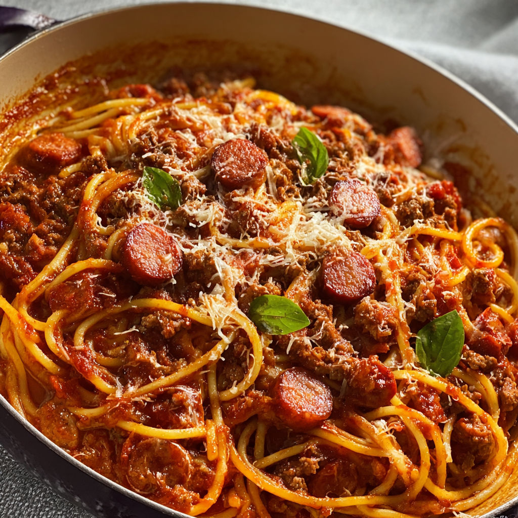 Une grosse poêlée de spaghetti, bœuf haché savoureux et saucisse fumée.