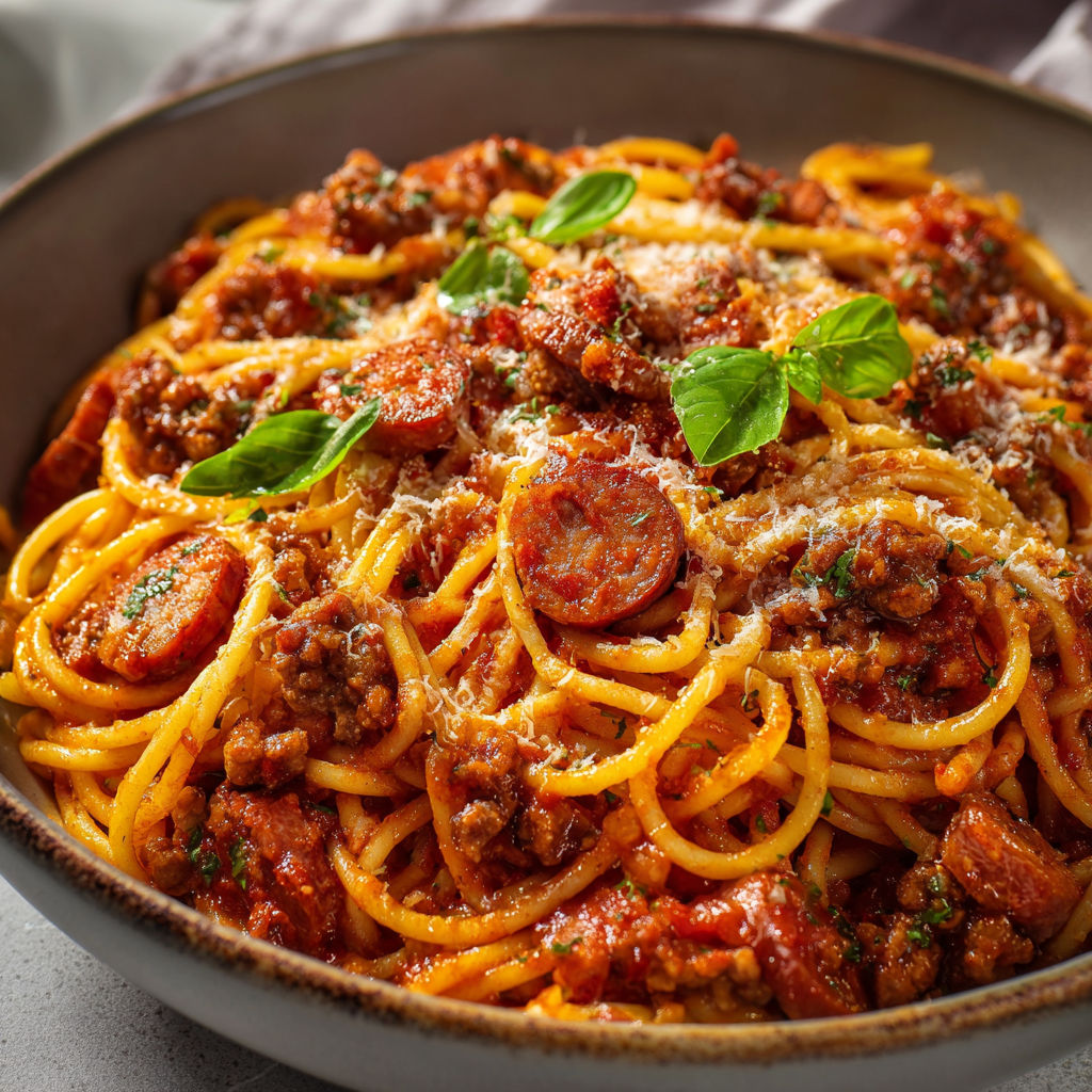 Spaghetti savoureux avec viande, herbes fraîches et sauce bien rouge.