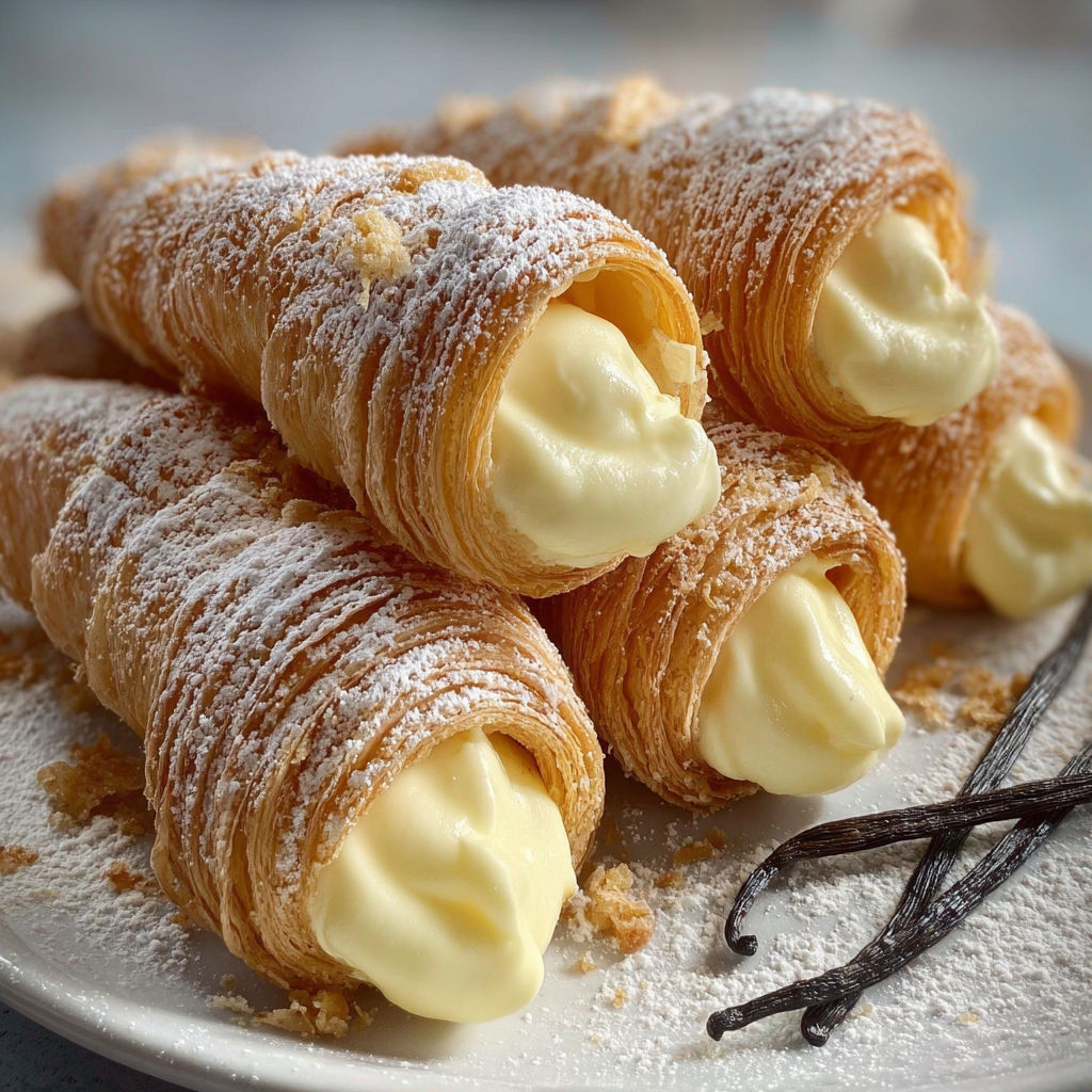 Assiette remplie de cornets de pâte feuilletée garnis de crème bien vanillée.