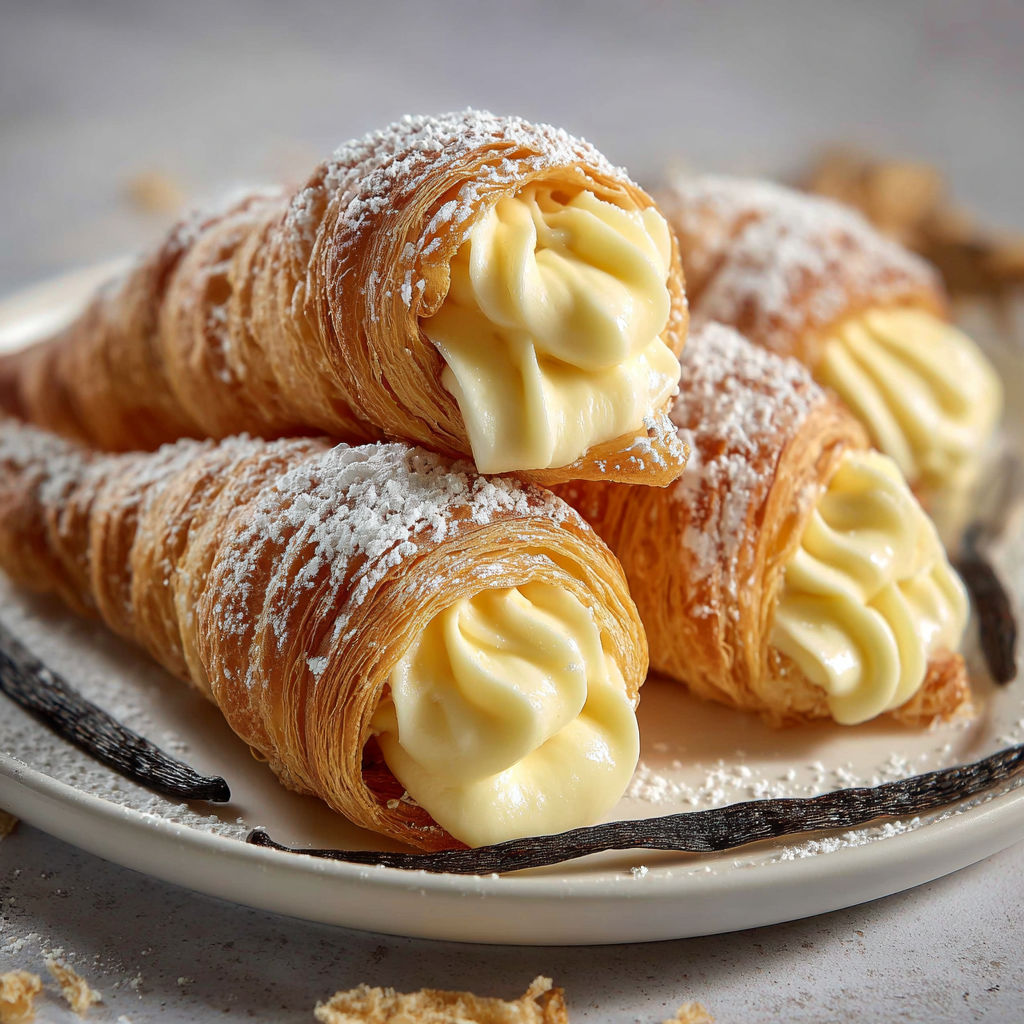 Plateau avec des cornets sucrés, bien dorés et garnis de crème fondante, prêts à dévorer.