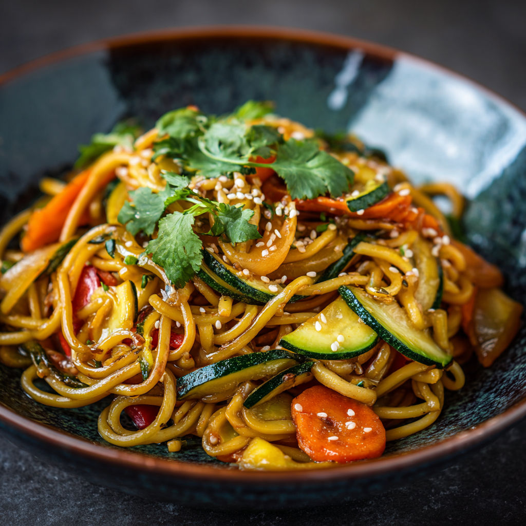 Bol de nouilles sautées avec des légumes variés – carottes, courgettes, oignons et un peu de vert – posé sur la table.