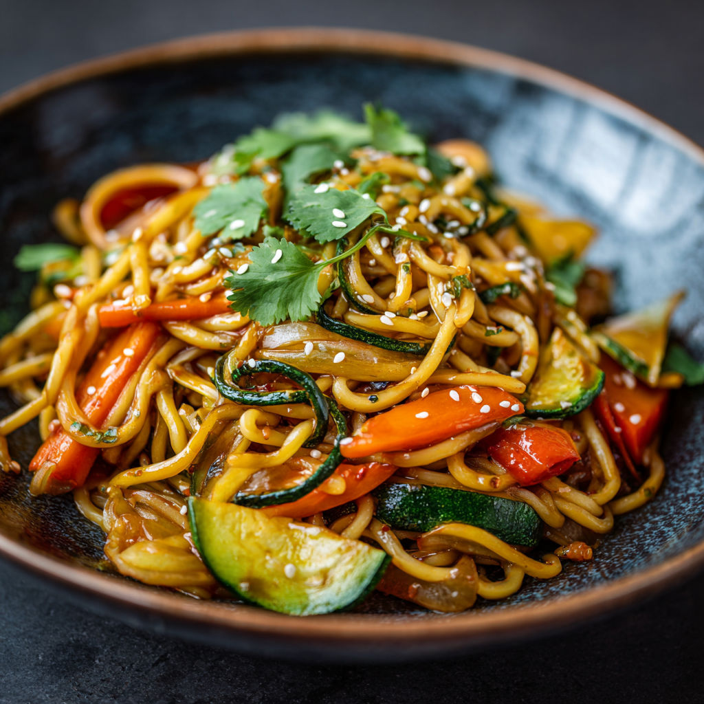 Bol de nouilles sautées avec carottes, courgettes et des légumes verts, prêt à être dégusté.