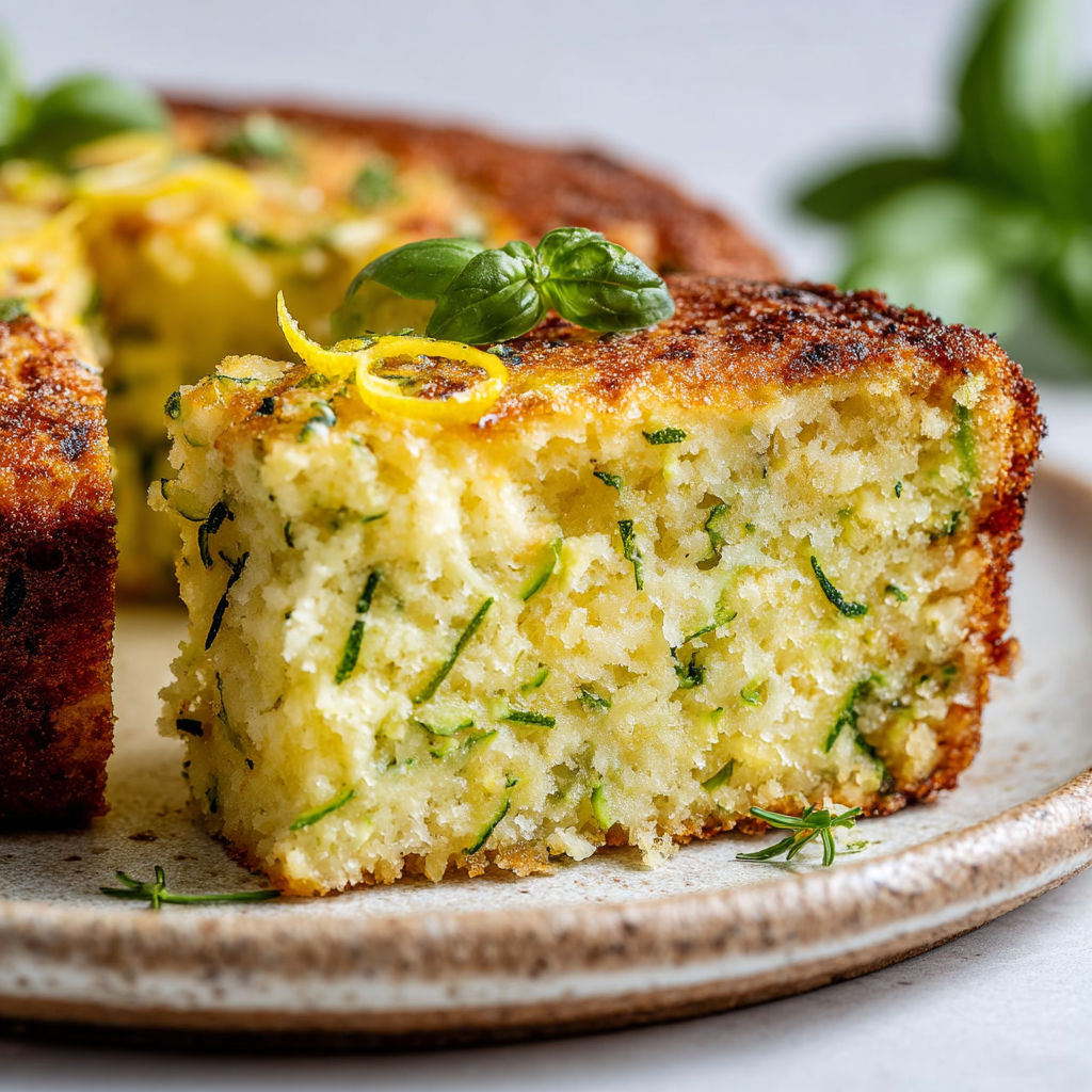 Belle part moelleuse courgette, ricotta et citron sur une table de jardin.