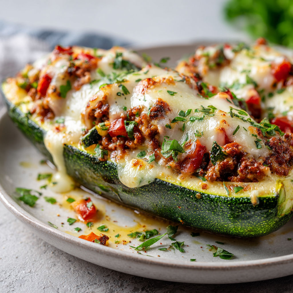 Un poivron garni de fromage et de tomates sur un plat, prêt à être dégusté.