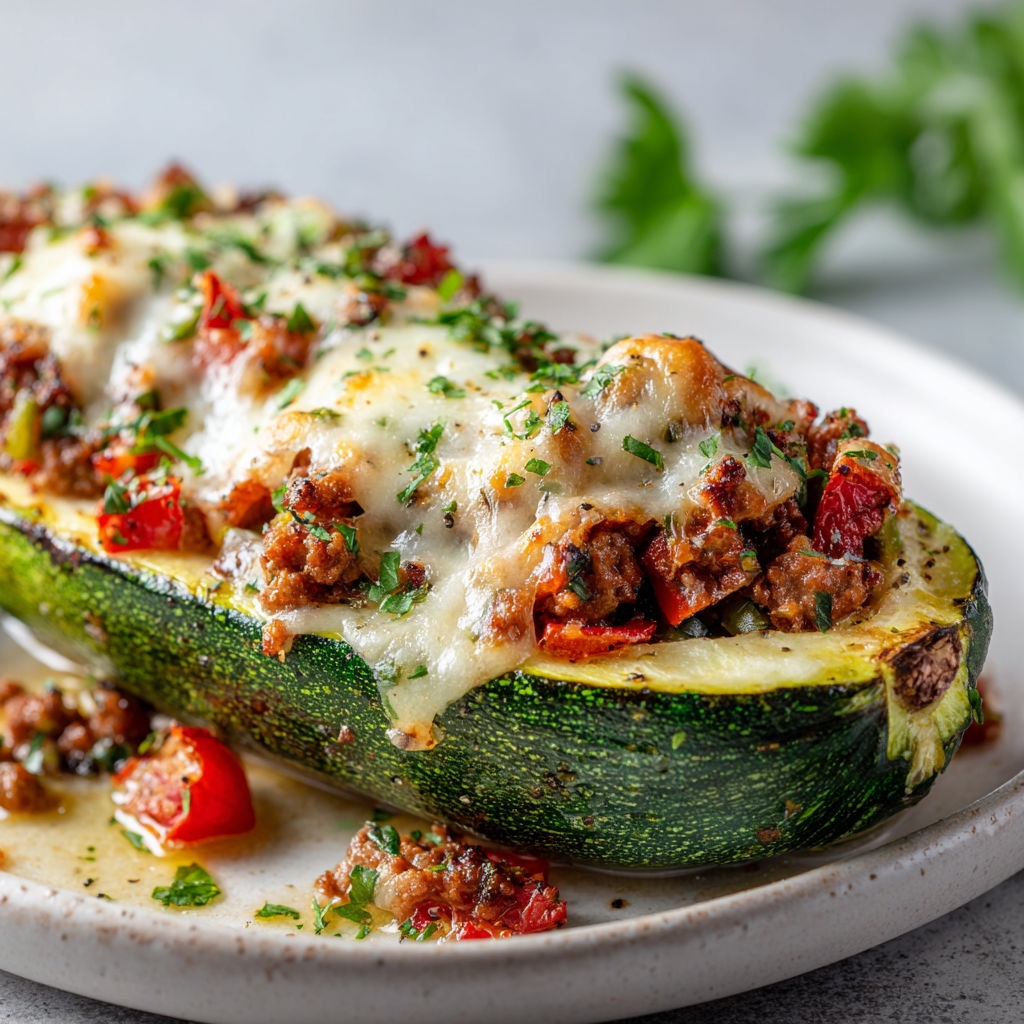 Courgette garnie à la viande et fromage, servie avec un lit de salade verte.