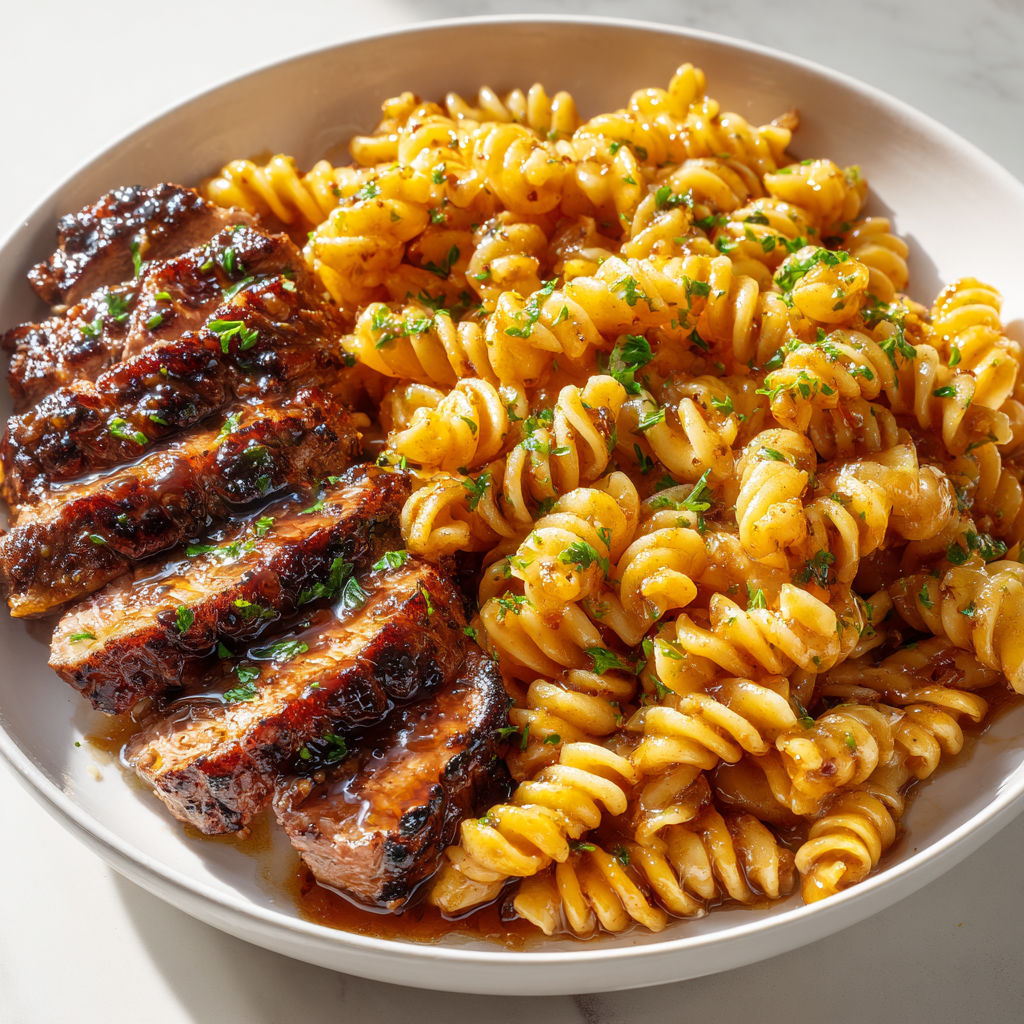 Un beau plat de pâtes torsadées et de steak grillé.