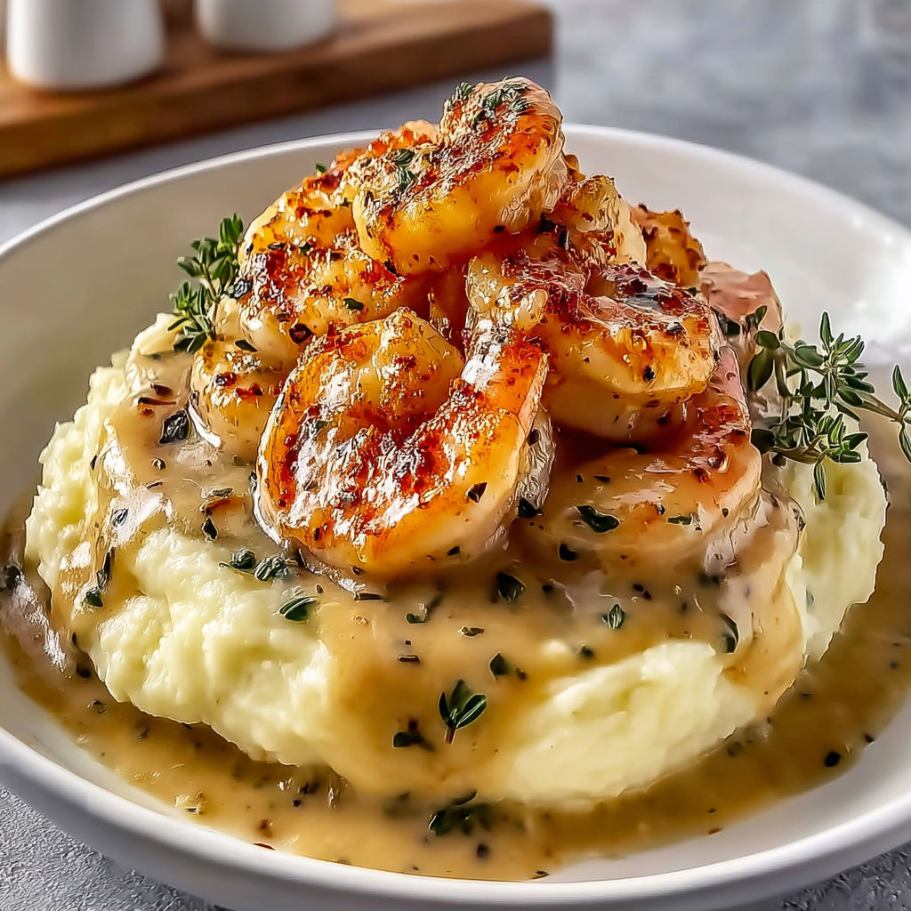 Assiette de crevettes à l’ail crémées servies sur une purée douce de pommes de terre.