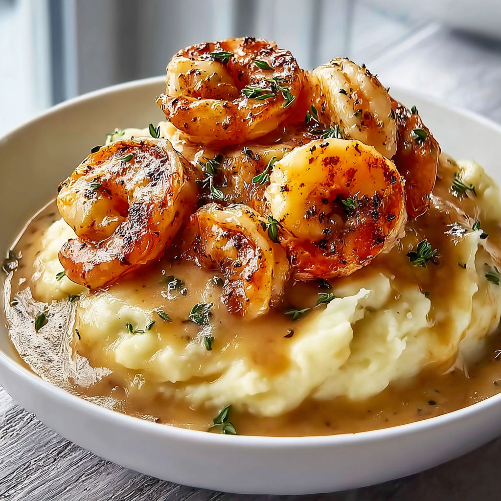 Une assiette de crevettes nappées de crème sur lit de purée de pommes de terre.