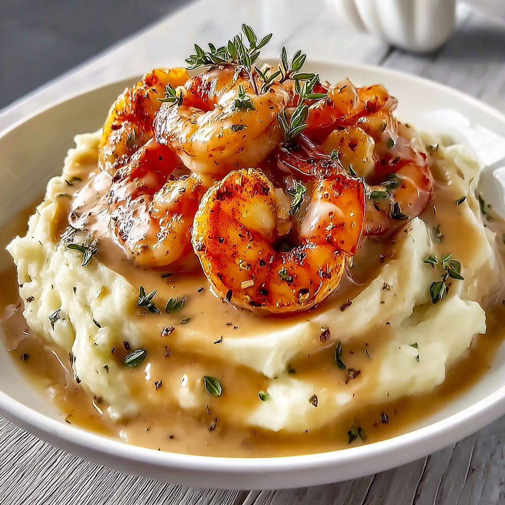 Une jolie assiette de pommes de terre et crevettes, nappée de sauce crémeuse.