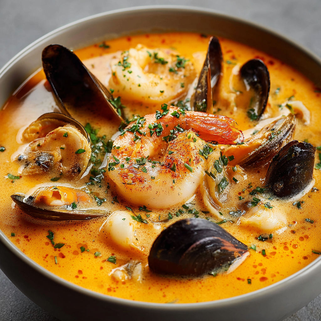 Bol rempli d’une soupe onctueuse aux fruits de mer moules et crevettes sur lit d’épinards frais.