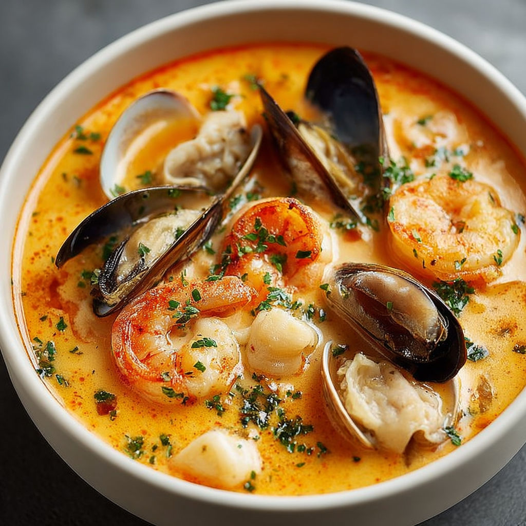 Plat généreux de soupe onctueuse aux fruits de mer crustacés et légumes variés servi chaud.