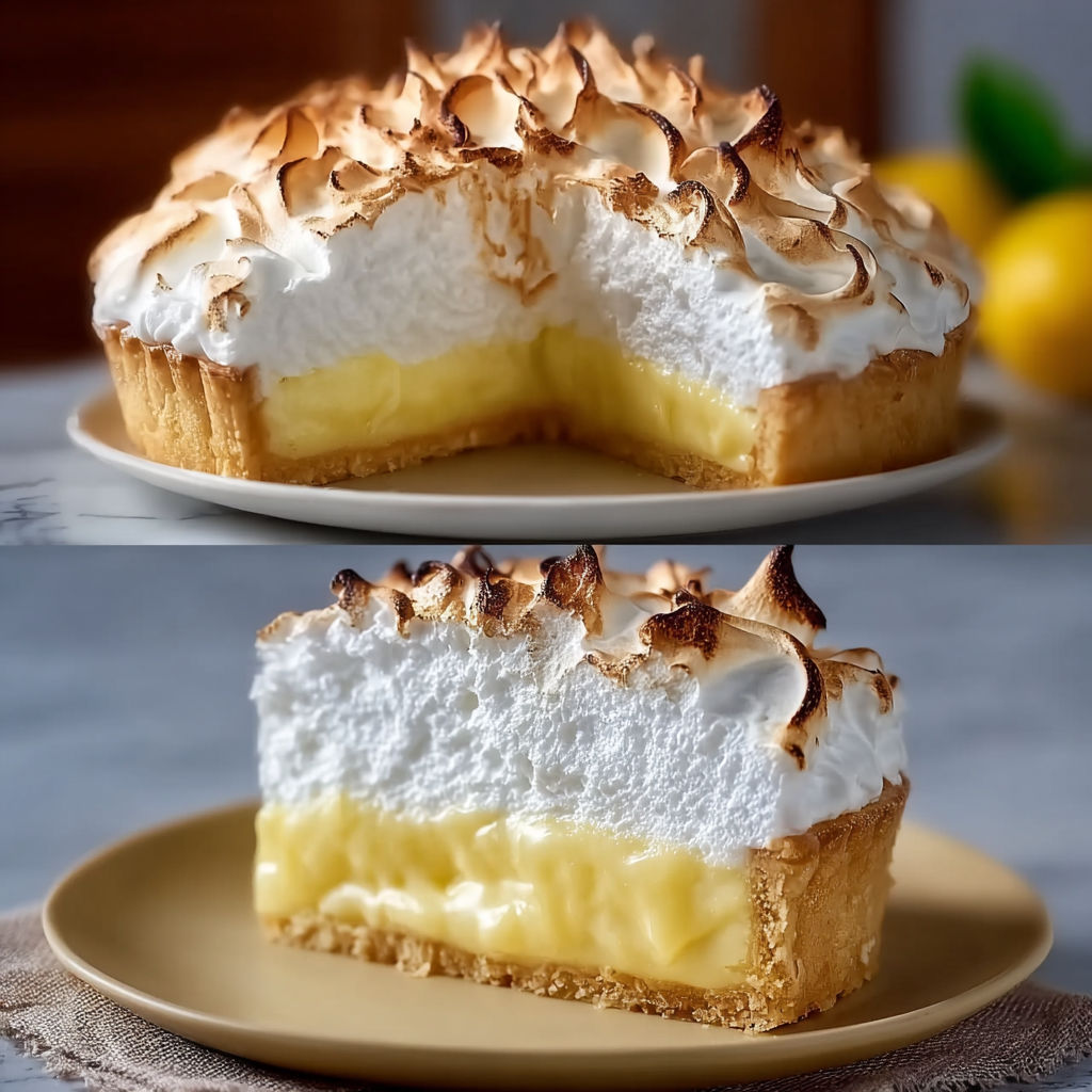 On voit un gâteau au citron meringué : une part coupée, une part entière, le tout posé sur un joli plateau.