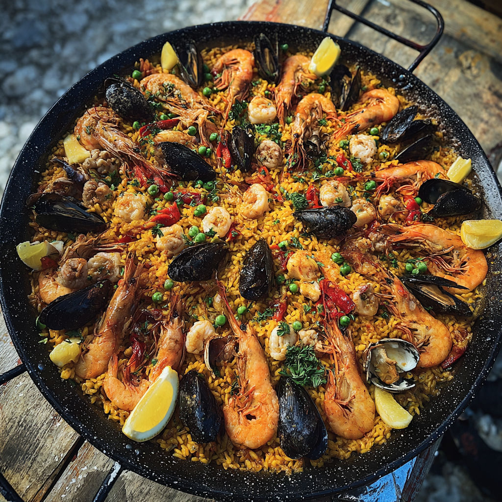 Un grand plat de paella aux fruits de mer avec des légumes colorés prêts à servir.