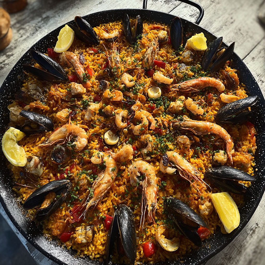 Une belle paella remplie de moules, tomates, oignons et feuilles vertes.
