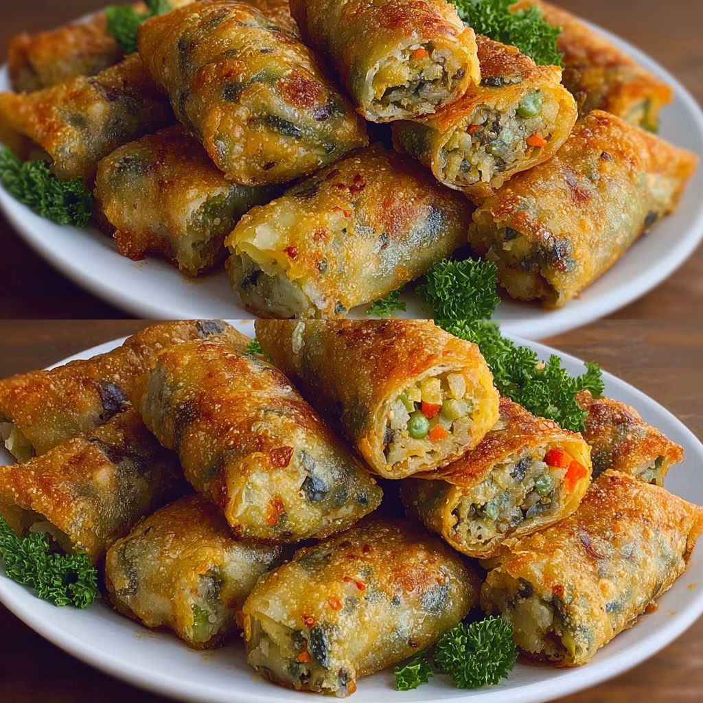 Triangles de brick bien dorés et fourrés aux légumes, servis sur un grand plateau avec carottes et poivrons en déco.