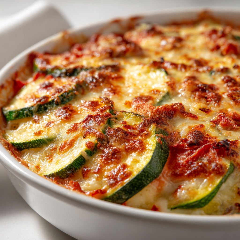Une assiette de gratin de courgettes au thon avec des morceaux de courgettes et du thon visibles.
