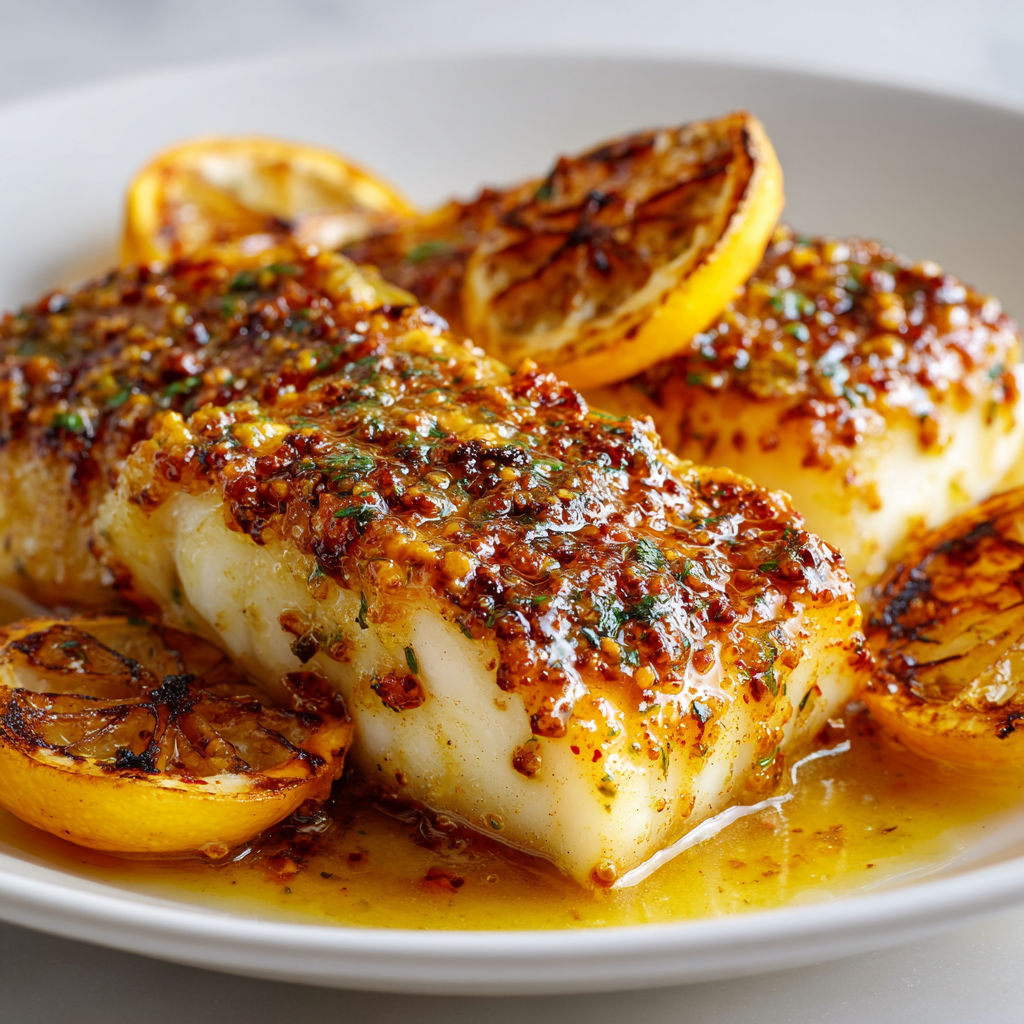 Filet de poisson grillé avec citrons et herbes, nappé de sauce.