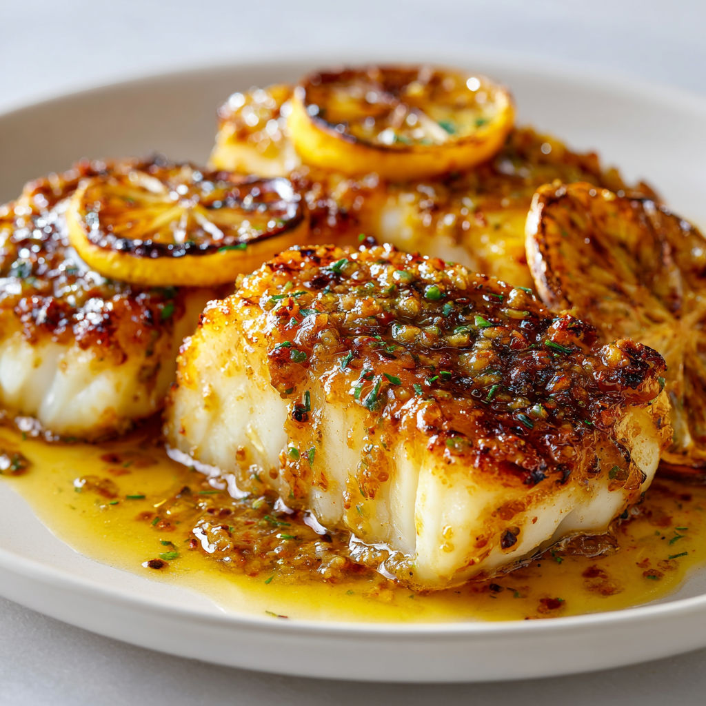 Poêlée de poisson grillé, citrons et herbes à côté.